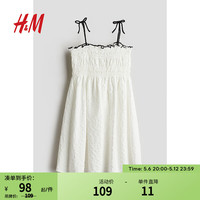 H&M童装女童裙子2024夏季简约风纯色上身缩褶连衣裙1216482 白色 110/60