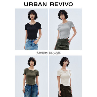 URBAN REVIVO 女士减龄感木耳边T恤衫 UWV440133 花灰 S