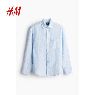 H&M男装衬衫2024夏季休闲时尚透气亚麻翻折领长袖上衣1127523 浅蓝色 175/100