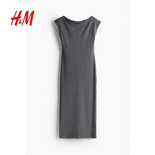 H&M2024夏季女装一字领汗布连衣裙1235653 深灰色 155/80