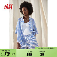H&M女装衬衫2024夏季翻领休闲亚麻透气宽松落肩短袖上衣1206077 蓝色/条纹 160/88 S