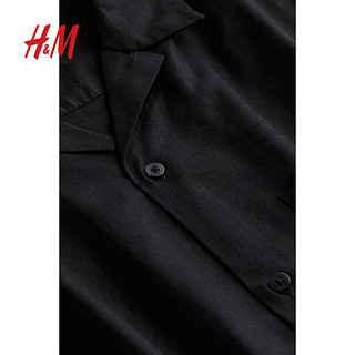 H&M男装衬衫2024夏季日系亚麻混纺复古简约风休闲上衣0965257 黑色 175/108 L