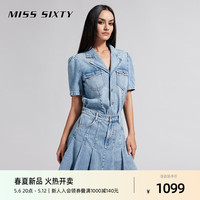 MISS SIXTY2024夏季牛仔连衣裙女翻领短袖假两件百褶裙减龄风 中蓝 M