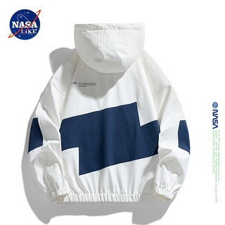 NASA LIKE潮牌外套男秋春季宽松夹克休闲连帽拼色上衣服工装冲锋衣 白色 XL  130-145斤