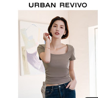 URBAN REVIVO 女士纯欲交叉挖空收褶短款修身T恤衫 UWG440062 卡其棕 L