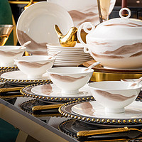 洛威 釉下彩简约碗碟套装家用陶瓷餐具套装高级感轻奢景德镇碗盘碟 水云间 40件套