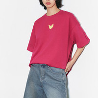 URBAN REVIVO 女士街潮休闲撞色章仔棉质圆领短袖T恤 UWV440118 玫红色 S