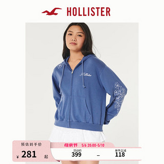 HOLLISTER 24春夏美式宽松图案拉链帽衫卫衣外套女 358531-1 浅海军蓝色 S (165/88A)
