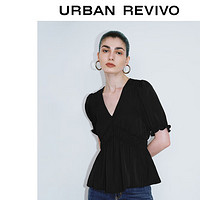 URBAN REVIVO 女士法式气质泡泡袖捏褶V领衬衫 UWG240100 正黑 M