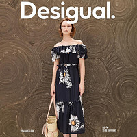 Desigual 24春夏印花一字领系带长裙女式连衣裙