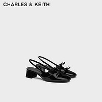 CHARLES&KEITH24夏法式蝴蝶结粗跟包头低跟凉鞋CK1-61720194 Black Patent黑色 39