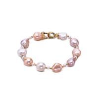 千足珍珠 9-10mm糖果色巴洛克珍珠合金镶合成立方氧化锆手链