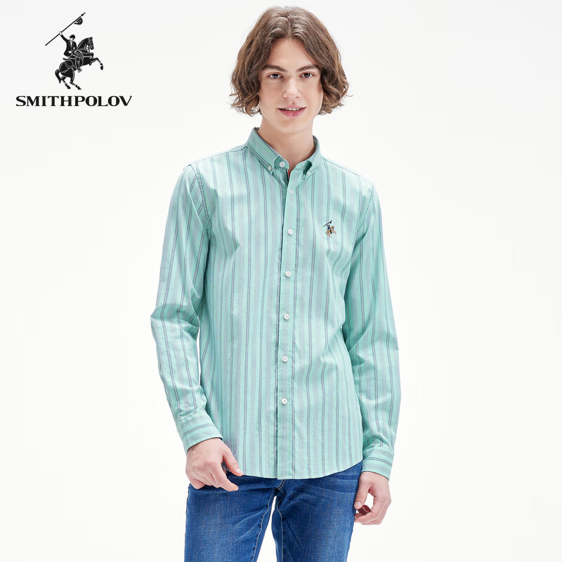 斯密特保罗（SMITHPOLOV）【94.5%棉】舒适百搭条纹衬衫男式棉混纺休闲翻领长袖衬衣衬衫 浅绿条纹 46