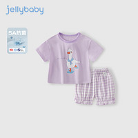 JELLYBABY 女童套装短袖两件套小动物印花圆领格子灯笼裤萌趣宽松透气女宝宝 紫粉 100CM