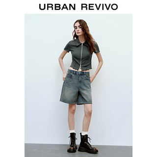 URBAN REVIVO 女士潮流双拉链修身花边短袖开襟衬衫 UWV240035 中灰 S
