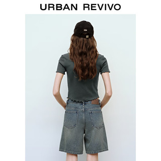 URBAN REVIVO 女士潮流双拉链修身花边短袖开襟衬衫 UWV240035 中灰 S
