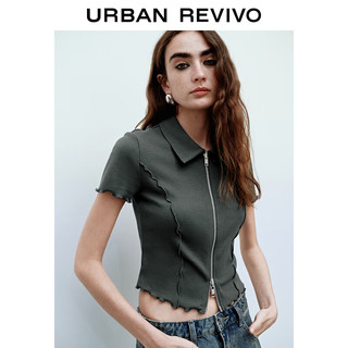 URBAN REVIVO 女士潮流双拉链修身花边短袖开襟衬衫 UWV240035 中灰 S