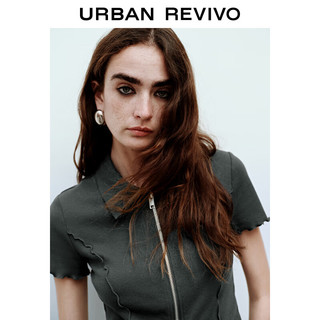 URBAN REVIVO 女士潮流双拉链修身花边短袖开襟衬衫 UWV240035 中灰 S