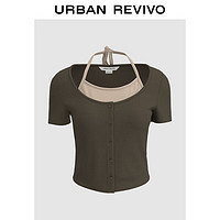URBAN REVIVO 女士时尚设计感撞色假两件系带短袖T恤 UWV440137 石色 XS