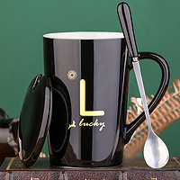 共禾京品马克杯陶瓷杯子咖啡杯茶杯男女大容量380ml 带勺带盖(黑色) 创意陶瓷杯-黑色