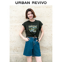 URBAN REVIVO 女士时尚复古印花开衩圆领短袖T恤衫 UWL440160 深灰 S