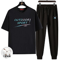 CBA 男士夏季跑步长裤运动套装服休闲短袖套头T恤两件套