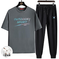 CBA 男士夏季跑步长裤休闲圆领短袖T恤两件运动套装服潮
