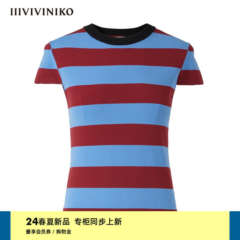 IIIVIVINIKO2024夏季百搭撞色条纹短袖针织衫女R420102649C 中蓝 M