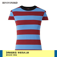 IIIVIVINIKO2024夏季百搭撞色条纹短袖针织衫女R420102649C 中蓝 M