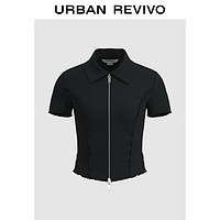 URBAN REVIVO 女士潮流双拉链修身花边短袖开襟衬衫 UWV240035 中灰 XS