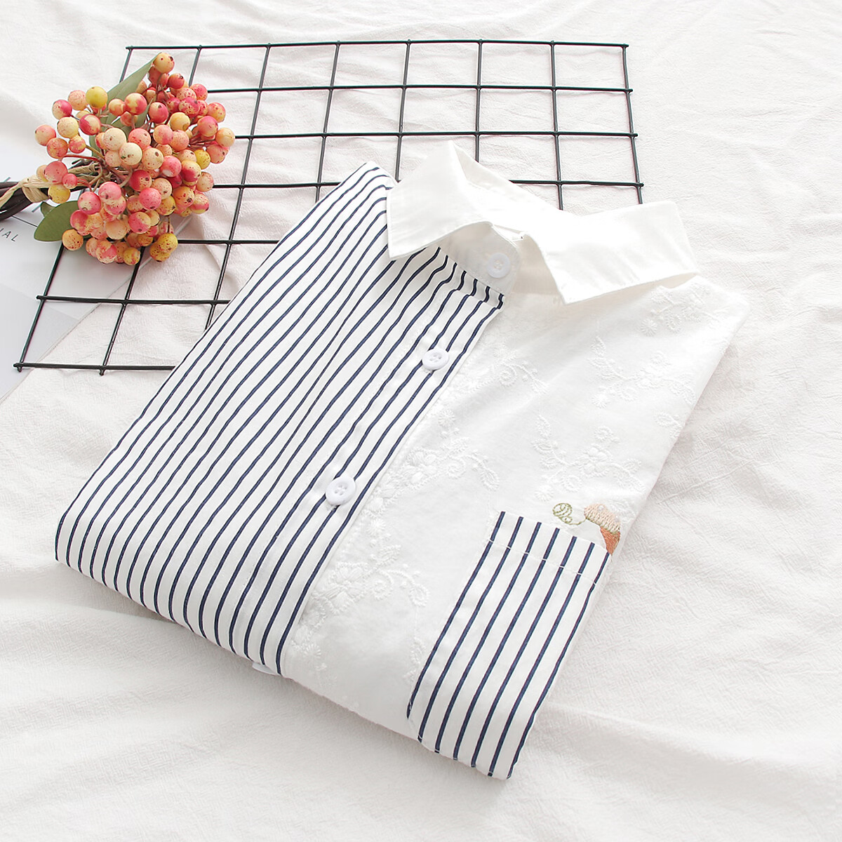 暖乔全棉衬衫女长袖日系春秋宽松条纹拼接小清新刺绣上衣休闲纯棉衬衣 条纹 M(95-125斤)