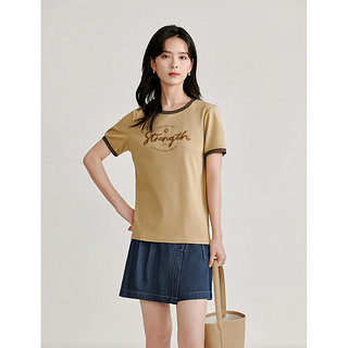 茵曼（INMAN）纯棉美式T恤2024夏季女装刺绣印花撞色圆领短袖显瘦上衣 咖色 XL