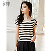 初申短袖T恤女韩版时尚圆领条纹设计感抽绳显瘦针织上衣S143T1536