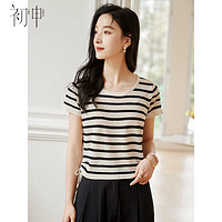 初申短袖T恤女韩版时尚圆领条纹设计感抽绳显瘦针织上衣S143T1536