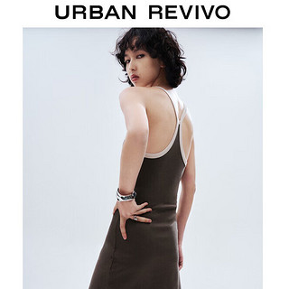 URBAN REVIVO 女士时髦复古撞色吊带修身U领连衣裙 UWV740057 咖啡色 M