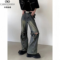 卡丹狄诺 美式做旧高街设计感绑带拼接破洞微喇叭牛仔裤男拖地重磅潮牌长裤
