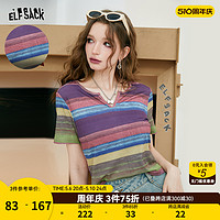 妖精的口袋 彩虹条纹短袖t恤女2024年春夏新款设计感休闲显瘦上衣