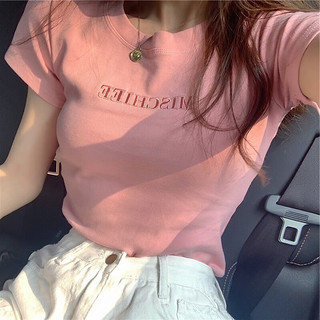 H T恤女夏季洋气减龄字母刺绣小个子修身正肩短款上衣 粉红色 XL