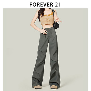 Forever 21独特铆钉设计美式复古工装裤女高腰小个子灰色休闲裤子