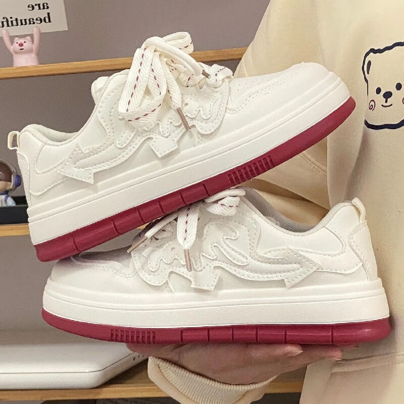 莫诗尼原创小众厚底小白鞋女可爱百搭ins休闲运动透气板鞋 白红底 35