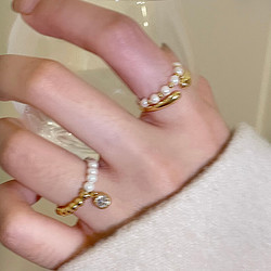 Trendolla 锆石珍珠圆珠弹力几何开口戒指三件套轻奢小众食指戒手饰