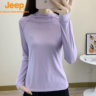 Jeep 吉普 夏季健身户外运动服跑步速干衣女长袖t恤薄款套头连帽透气防晒 淡紫 2XL