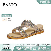 BASTO 百思图 2024夏季商场复古罗马凉鞋坡跟外穿女凉拖鞋A3159BT4 杏色 37