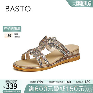 BASTO 百思图 2024夏季商场复古罗马凉鞋坡跟外穿女凉拖鞋A3159BT4 杏色 37