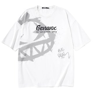 闪电潮牌（GENANX）夏季印花圆领落肩袖纯棉T恤男短袖学校潮流落肩袖 白色 2XL