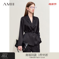 AMII2024夏极简轻奢纯色弹力真丝侧开襟翻领上衣配可拆腰带女 黑色 S