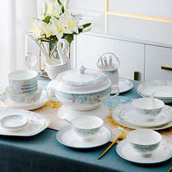 以辰 碗碟套裝 家用景德鎮陶瓷器新中式骨瓷餐具套裝 碗碟盤子組合 萊曼-56件升級配品鍋