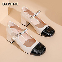 百亿补贴：DAPHNE 达芙妮 黑白拼色玛丽珍女鞋2024年新款高跟鞋复古小皮鞋粗跟单鞋女