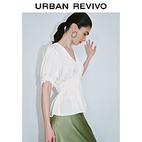 URBAN REVIVO 女装法式气质泡泡袖捏褶V领罩衫衬衫 UWG240100 本白 L