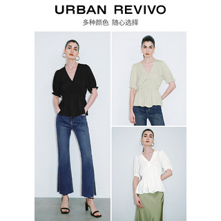 URBAN REVIVO 女士法式气质泡泡袖捏褶V领衬衫 UWG240100 本白 L